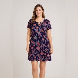 MSK Floral Print Midi Dress - Navy and Pink